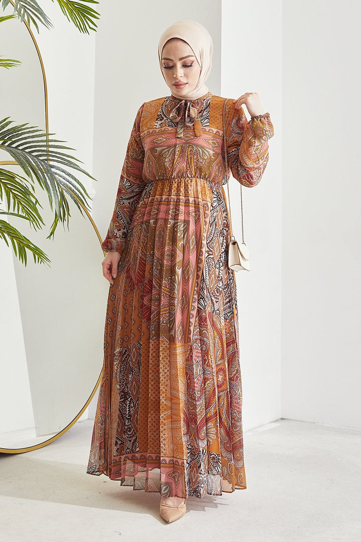 MDS Women Elinor Shawl Patterned Chiffon Dress - Mustard - Tonalá
