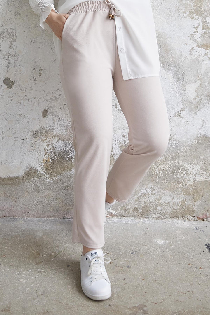MDS Women Elasticated Waist Lycra Double Fabric Pants - Stone - Beaverton