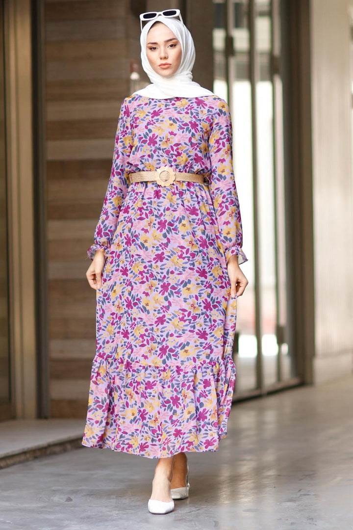 MDS Women Leaf Pattern Chiffon Dress - Lilac - Perpignan
