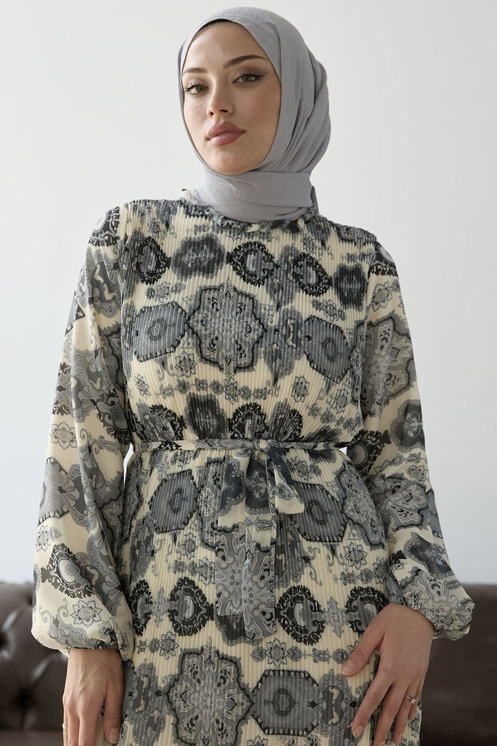 MDS Women Pleated Shawl Pattern Chiffon Dress - Gray - Gjilan