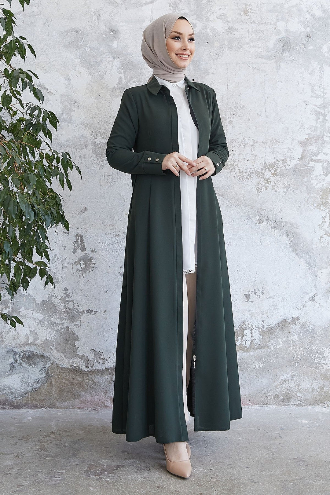 MDS Women Emery Belted Shirt Collar Abaya - Khaki - Geldern