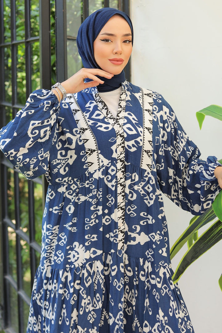 MDS Women Buttoned Loose Patterned Navy Viscose Dress - Regensburg