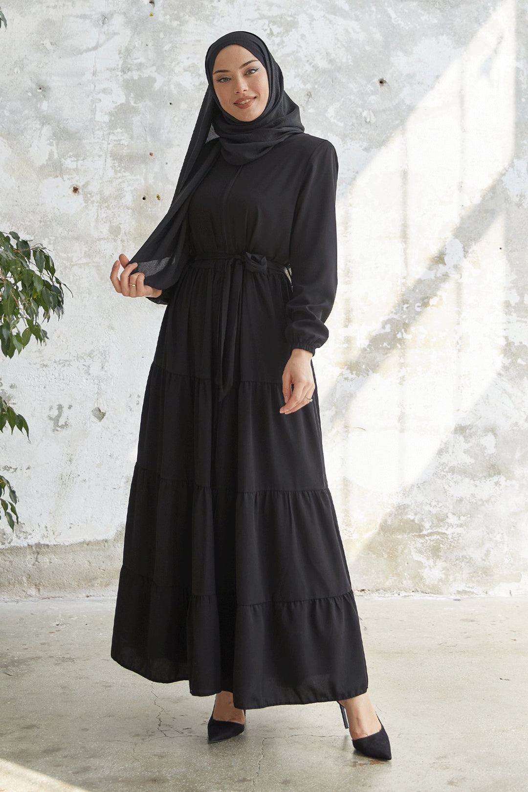 MDS Women Gathered Waist Ruffle Abaya - Black - Mexicali