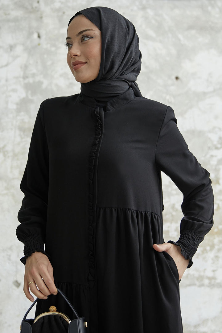 MDS Women Ruffle Flounce Asymmetric Cut Abaya - Black - Egypt Lake-Leto