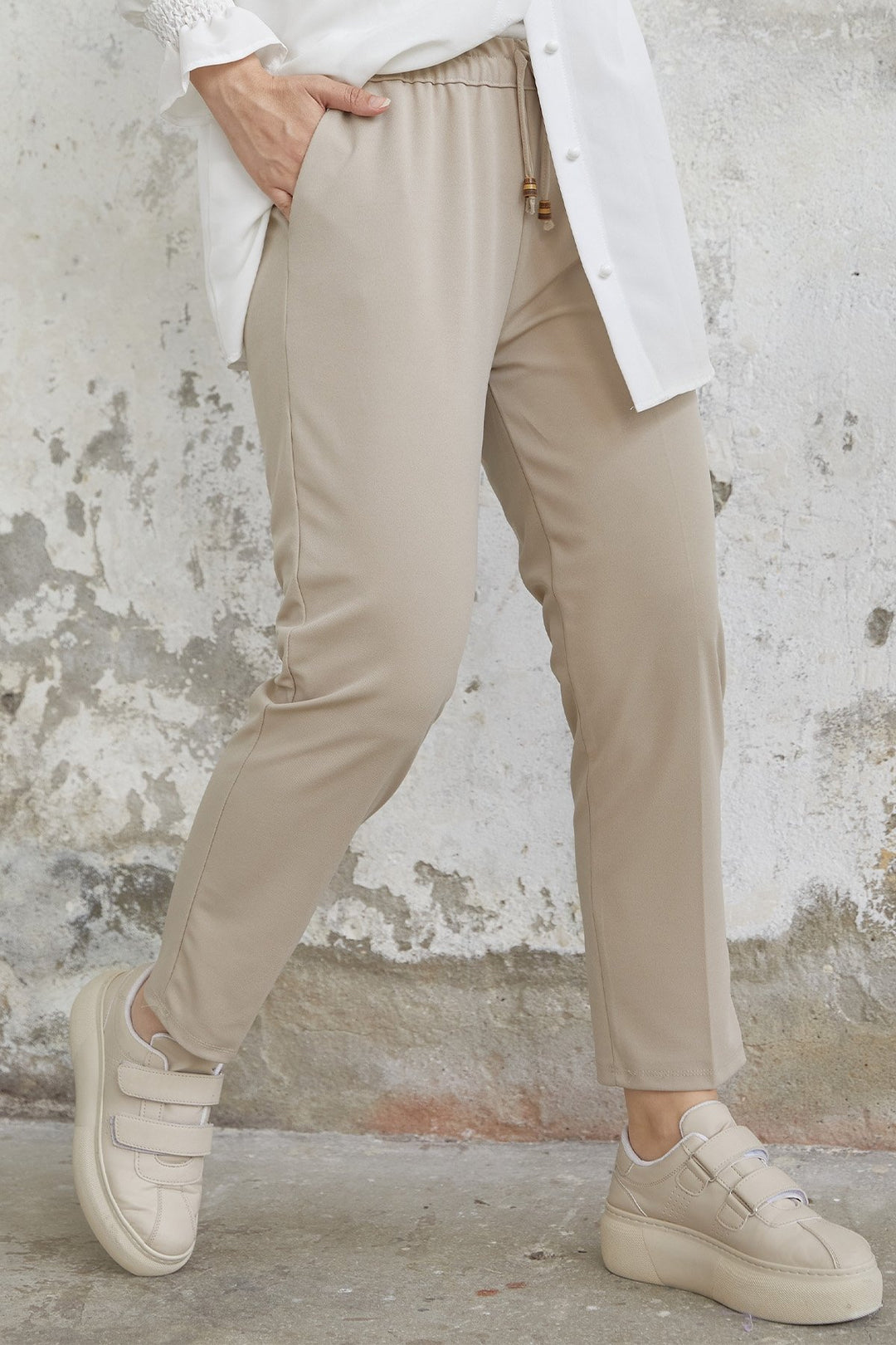 MDS Women Elastic Waist Lycra Double Fabric Pants - Cream - Parma