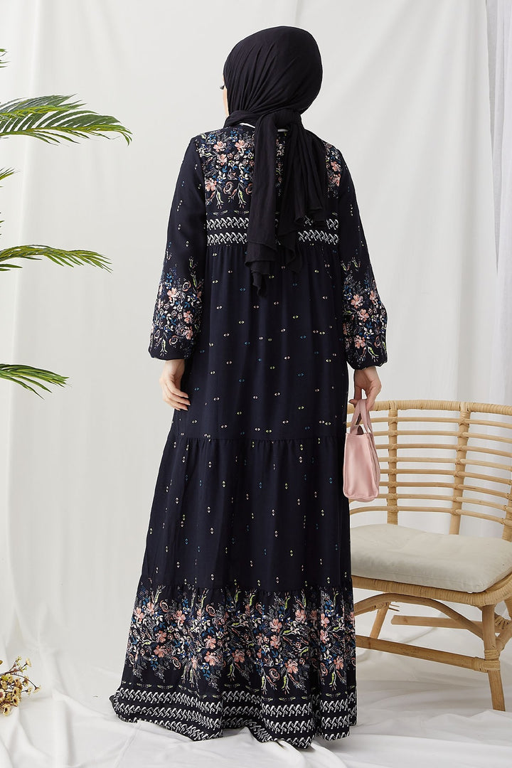 MDS Women Flowy Dress with Watery Pattern - Dark Navy - Nuremberg