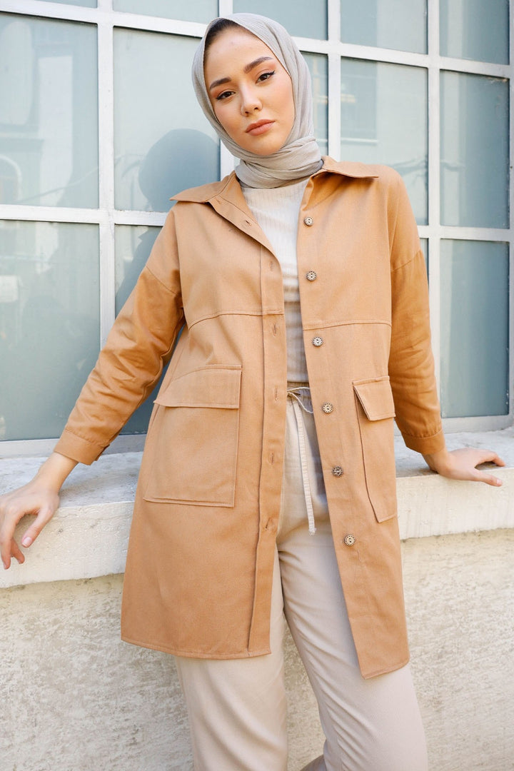 MDS Women Pocket Buttoned Gabardine Shirt - Camel - Hemet