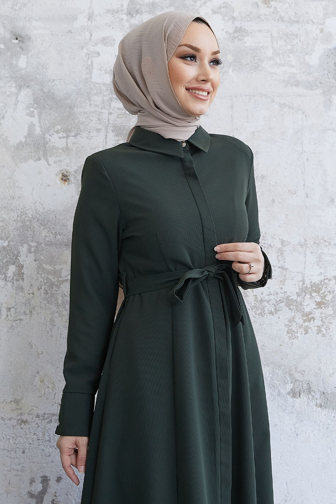 MDS Women Emery Belted Shirt Collar Abaya - Khaki - Geldern