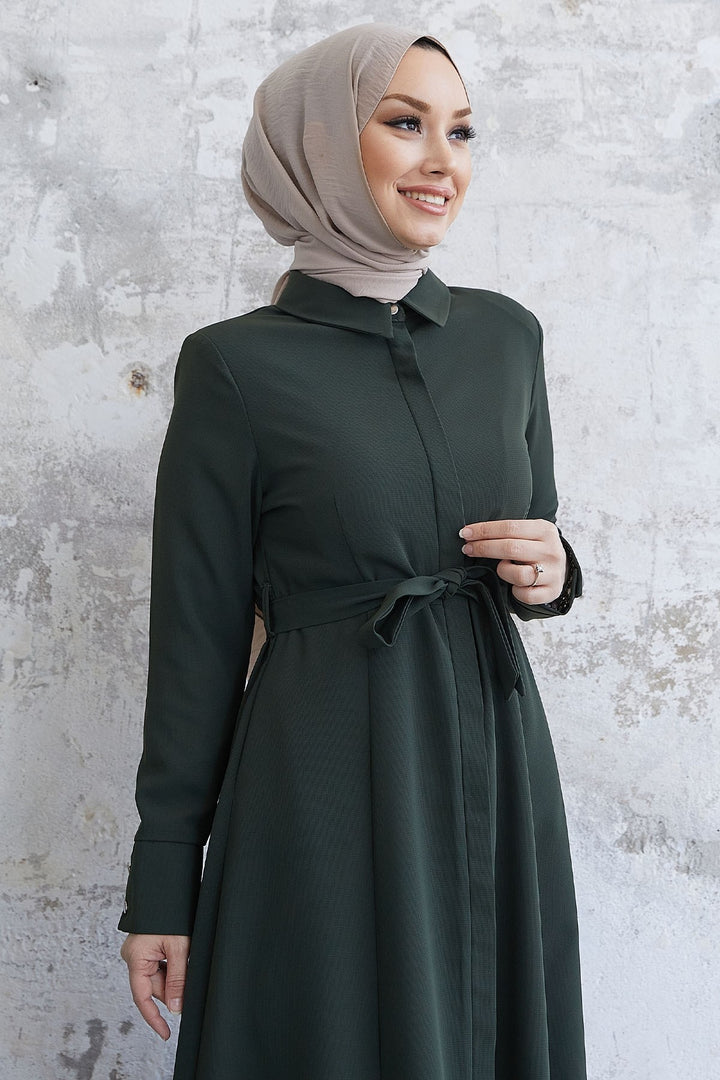 MDS Women Emery Belted Shirt Collar Abaya - Khaki - Geldern