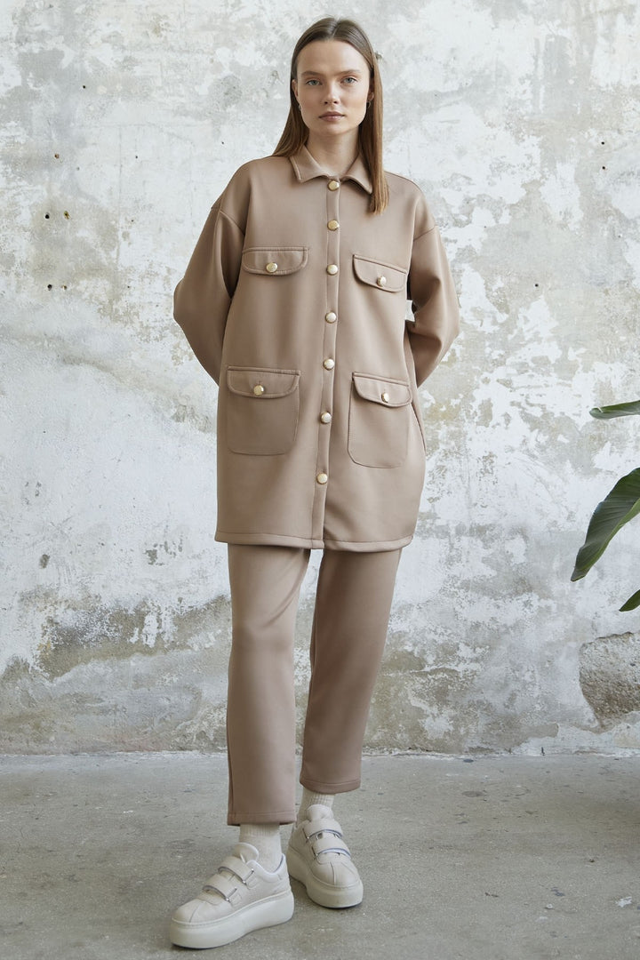MDS Women Buttoned Pocket Detail Jacket Scuba Suit - Camel - Bad Homburg