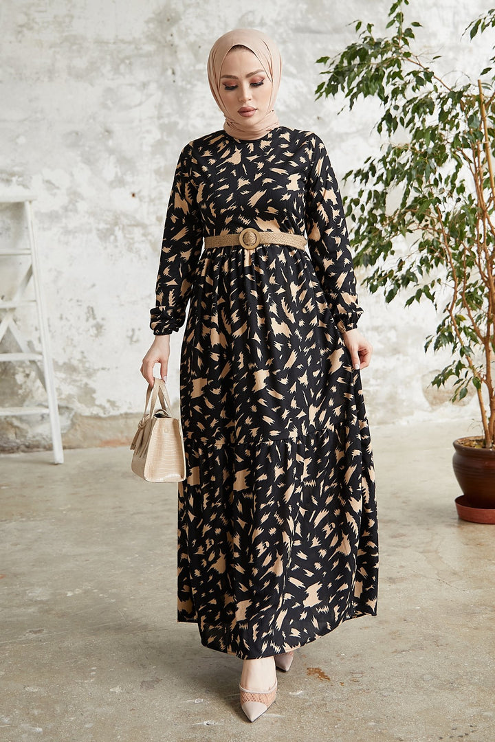 MDS Women Rena Straw Belted Patterned Dress - Black - Fremont