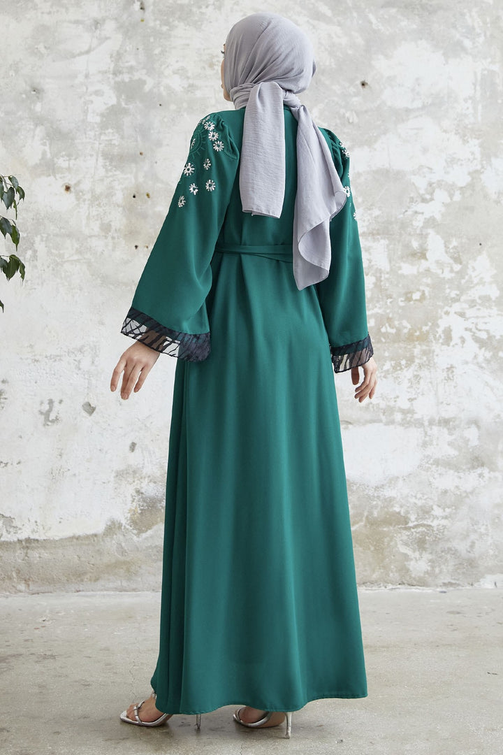 MDS Women Money Embroidered Sleeve End Abaya - Emerald Green - El Paso
