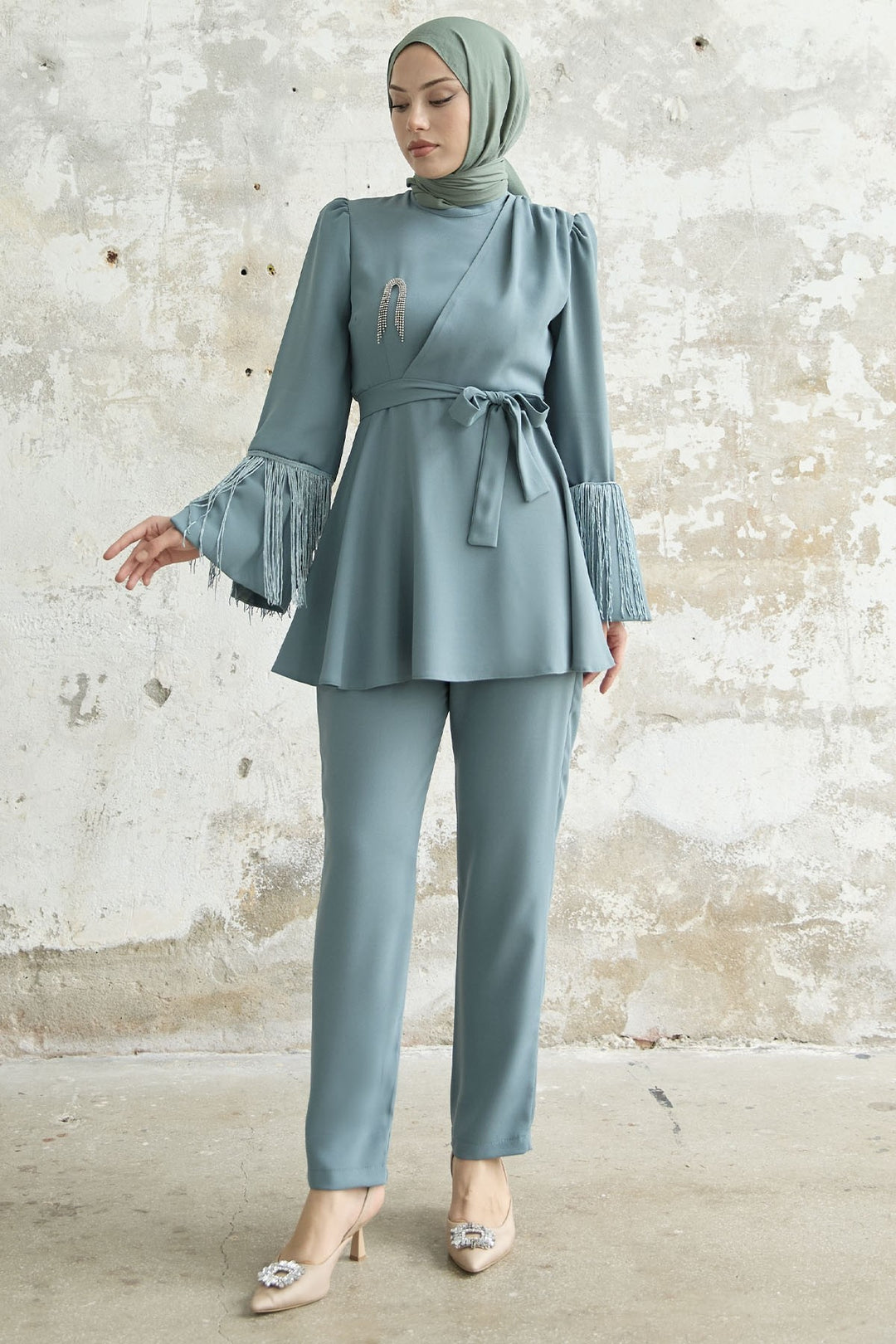 MDS Women Tasseled Sleeve Stone Crepe Set - Mint - Stockport