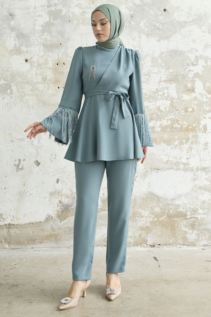 MDS Women Tasseled Sleeve Stone Crepe Set - Mint - Stockport