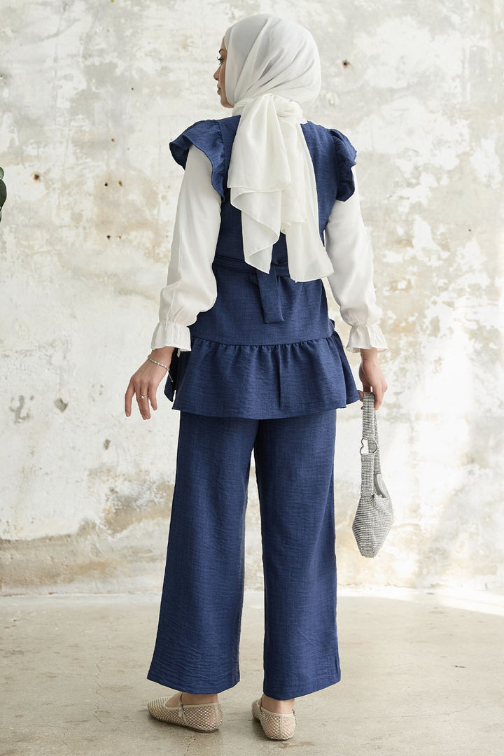 MDS Women Ruffled Shoulder Three Piece Set - Navy - Emsdetten