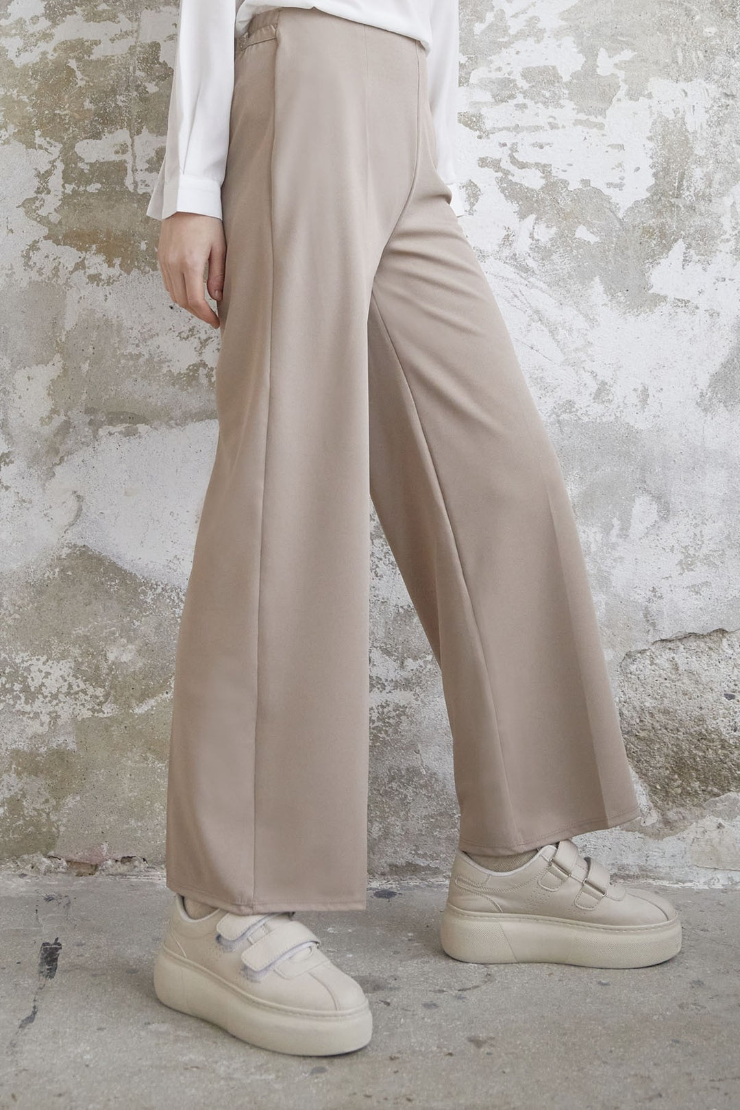 MDS Women Wide Leg High Waist Elastic Waist Pants - Stone - Nikopol