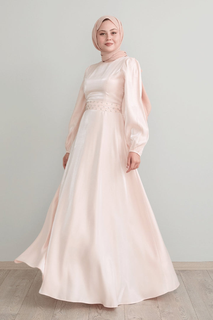 MDS Women Stone Belted Shimmery Powder Satin Dress - Ludwigshafen