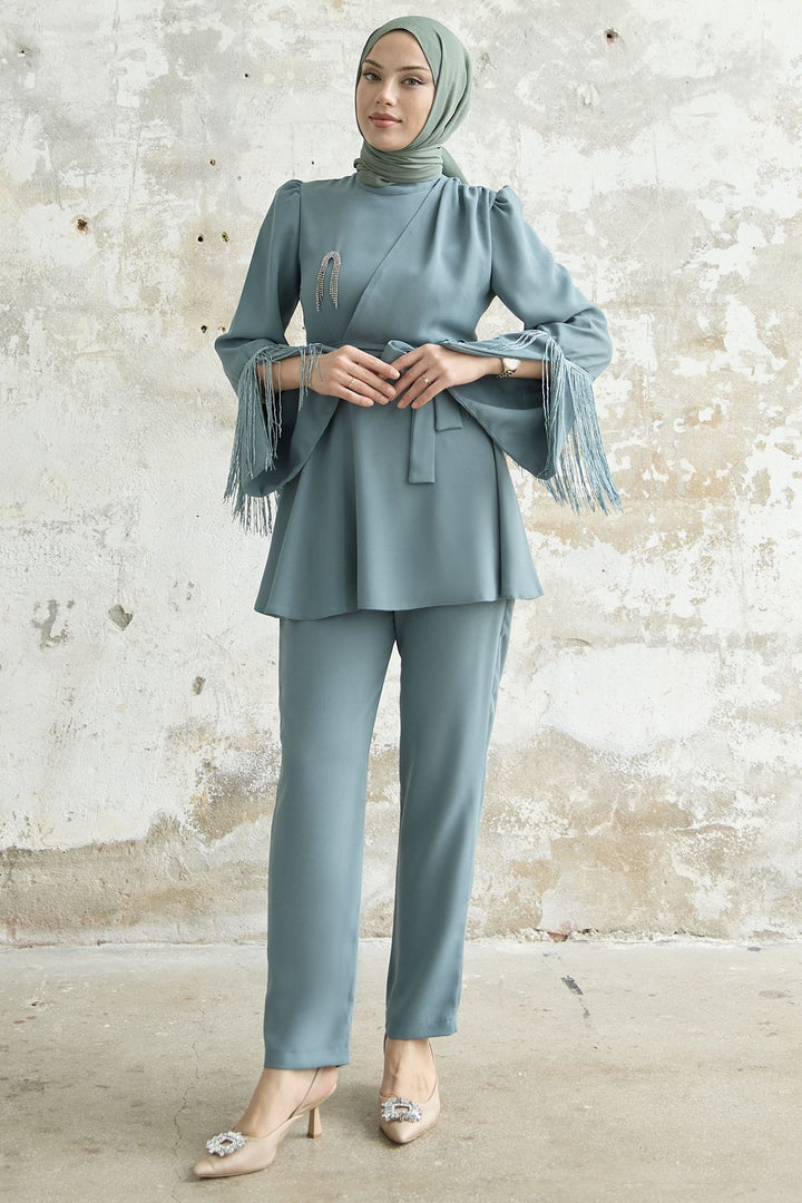 MDS Women Tasseled Sleeve Stone Crepe Set - Mint - Stockport