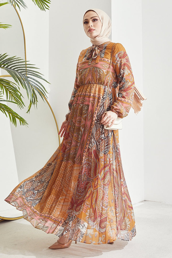 MDS Women Elinor Shawl Patterned Chiffon Dress - Mustard - Tonalá