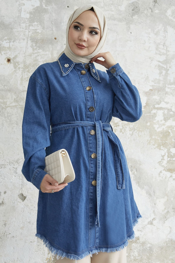 MDS Women Six-Tasseled Belted Denim Tunic - Dark Blue - Staten Island
