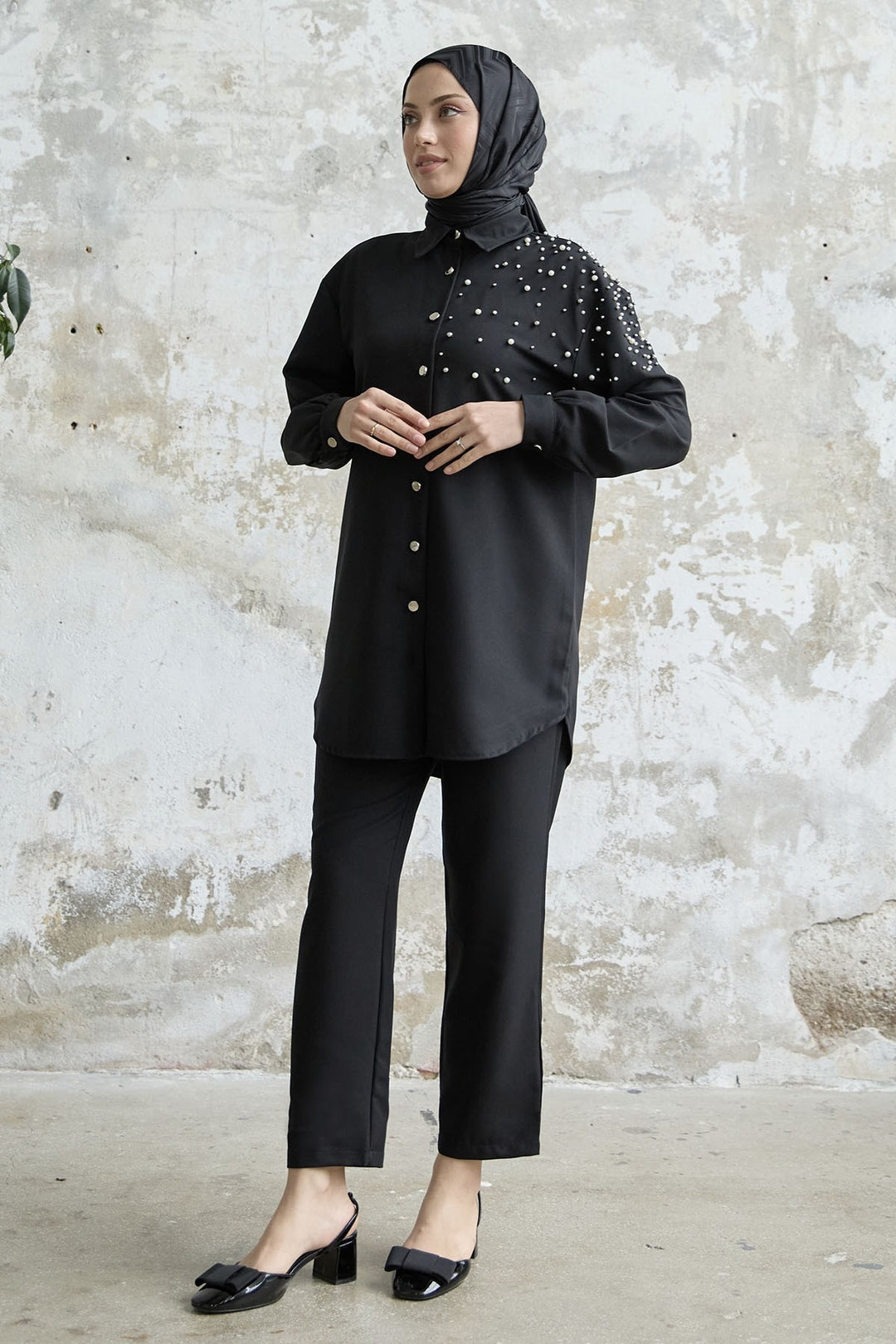 MDS Women Linen Set with Embroidery - Black - Baytown