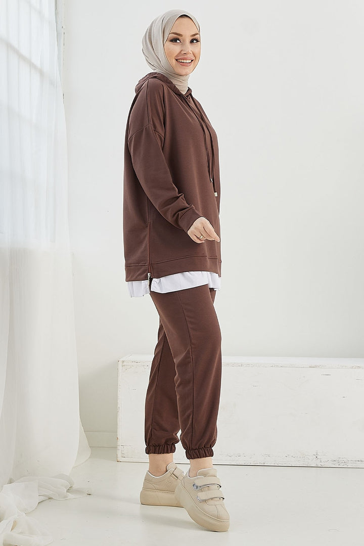 MDS Women Losya Sides Zippered Hooded Two Piece Set - Bitter Brown - Bountiful