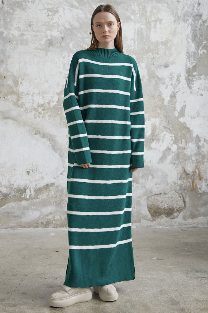 MDS Women Striped Knit Dress - Emerald Green - North Bethesda