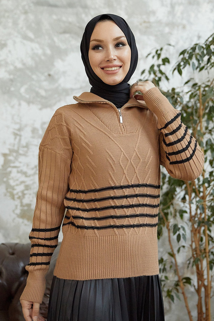 MDS Women Sova Neck Zippered Striped Knit Sweater - Camel - Bridlington