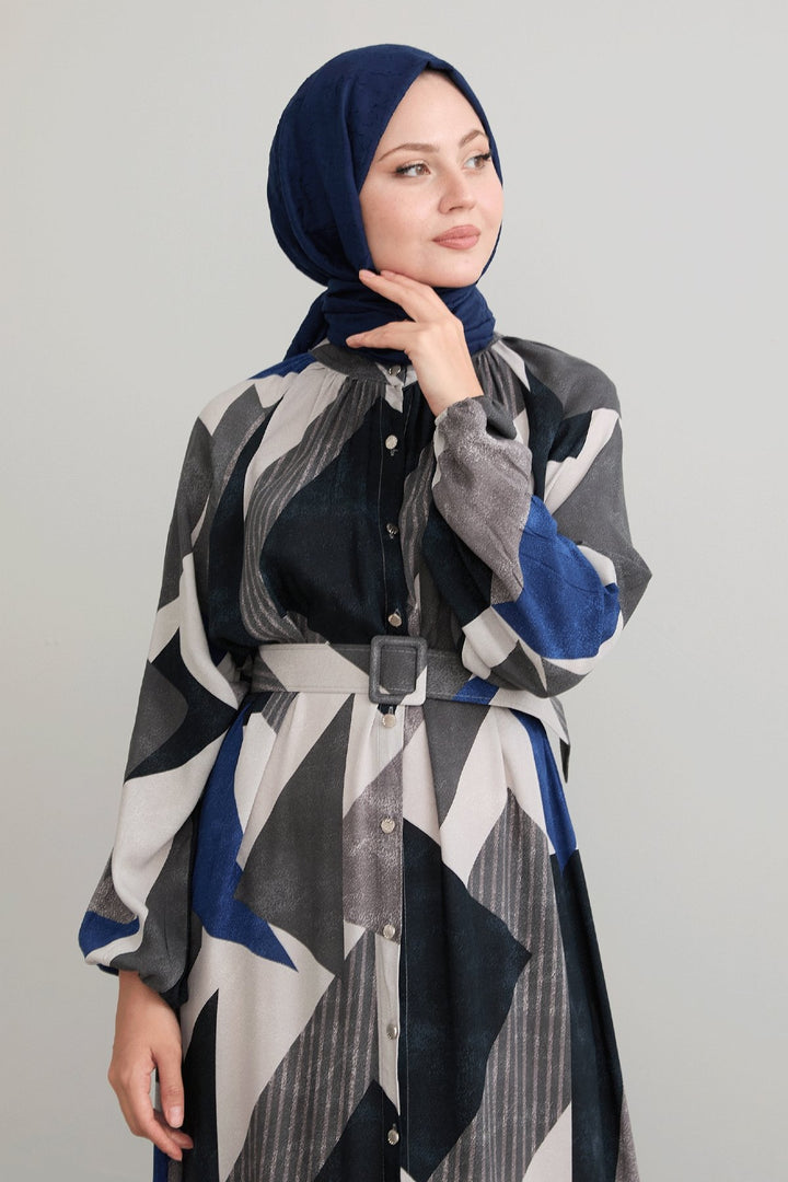 MDS Women Geometric Patterned Belted Anthracite Viscose Dress - Pulheim