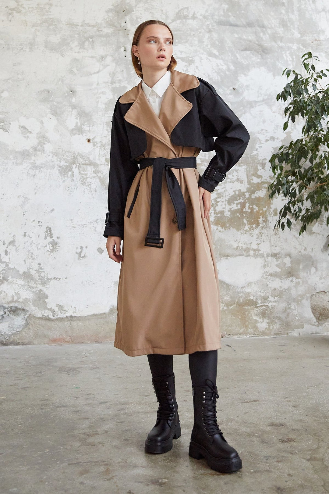 MDS Women Two-Tone Epaulet Detail Trench Coat - Black - Lleida