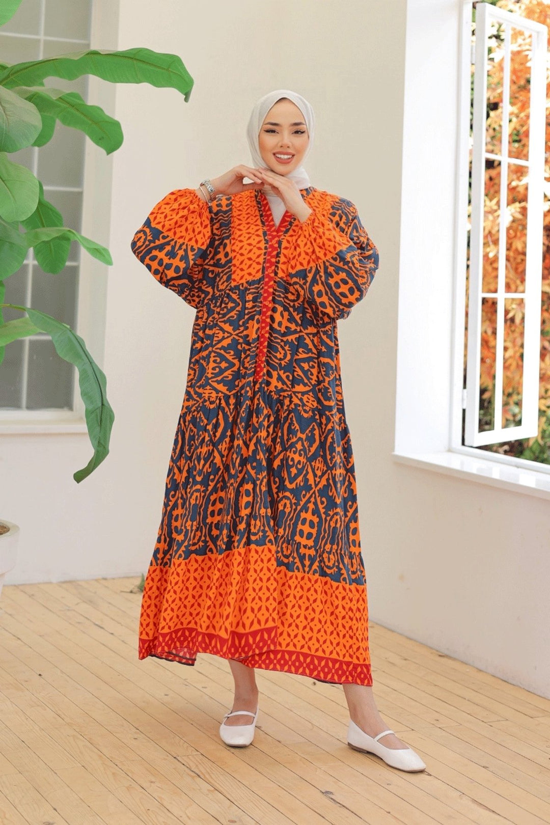 MDS Women Patterned Balloon Sleeve Orange Viscose Dress - Gloucester