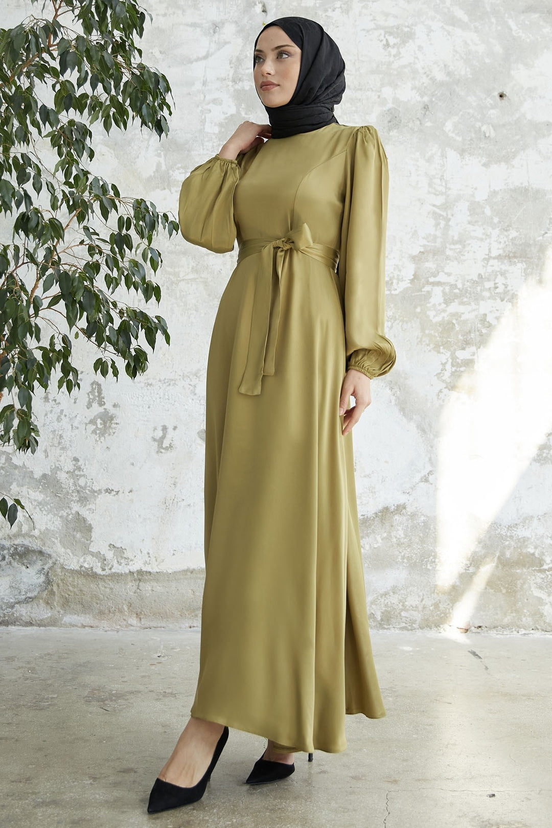 MDS Women Belted Balloon Sleeve Satin Dress - Pistachio Green - Perth