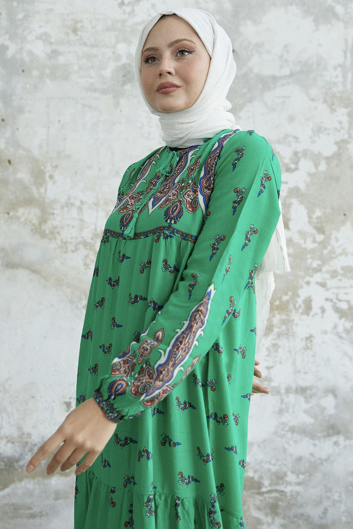 MDS Women Viscose Dress with Tied Collar Pattern - Green - Wiener Neustadt
