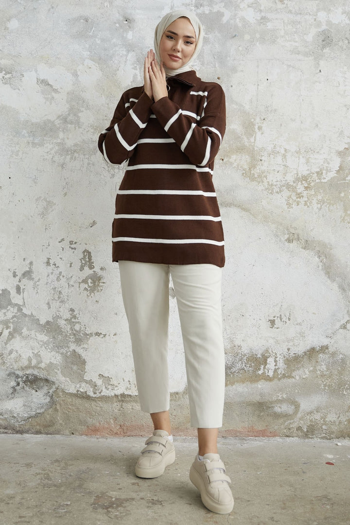 MDS Women Maroya Striped Knit Sweater - Bitter Brown - Peterborough