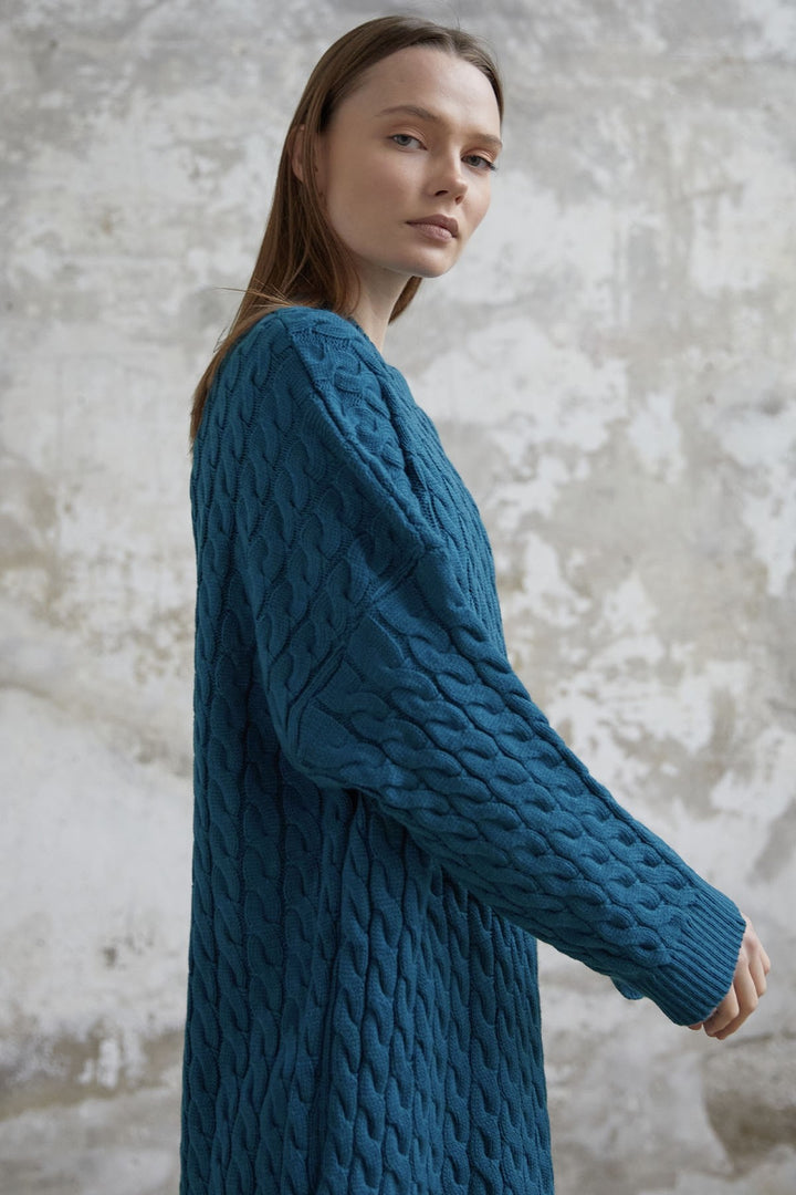 MDS Women Everly Knitted Patterned Sweater Dress - Petrol Green - Preston