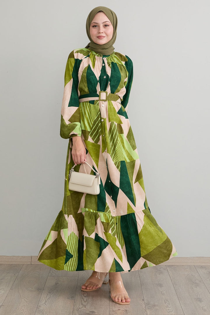 MDS Women Geometric Patterned Belted Khaki Viscose Dress - Palenque