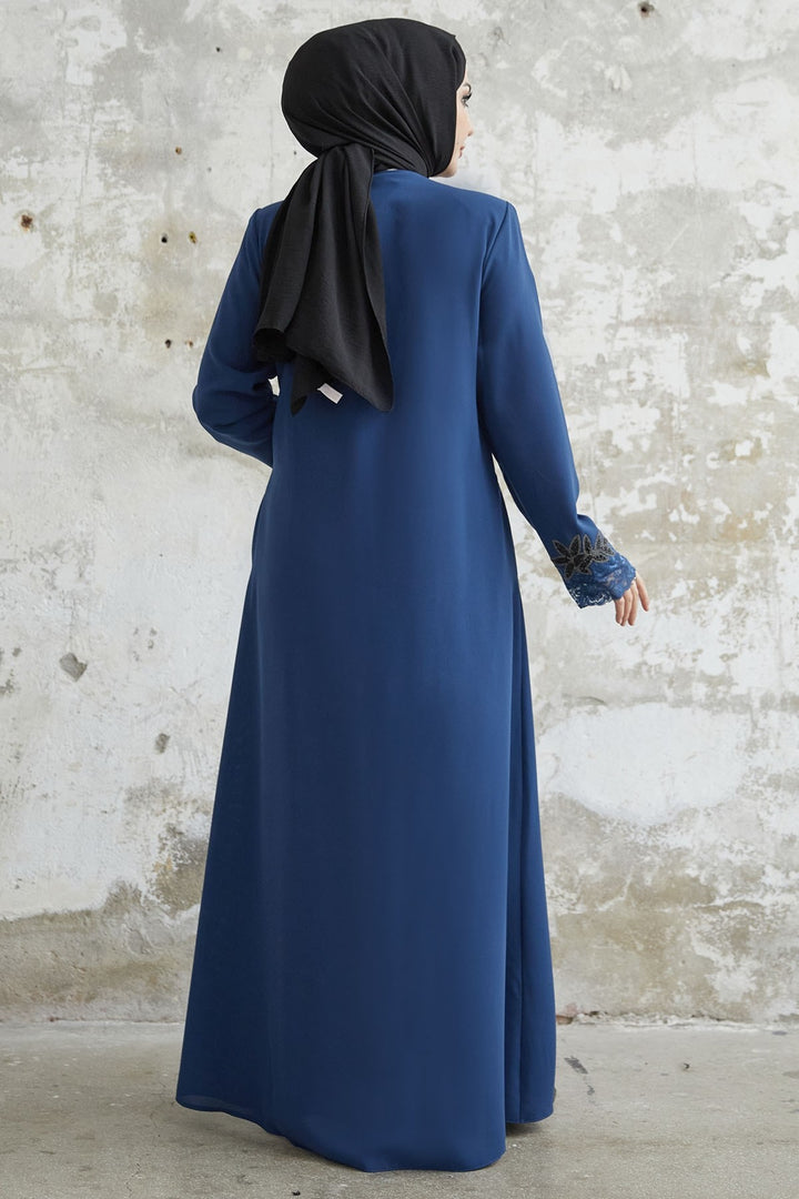 MDS Women Sleeve Flower Stone Abaya - Indigo - Ílion