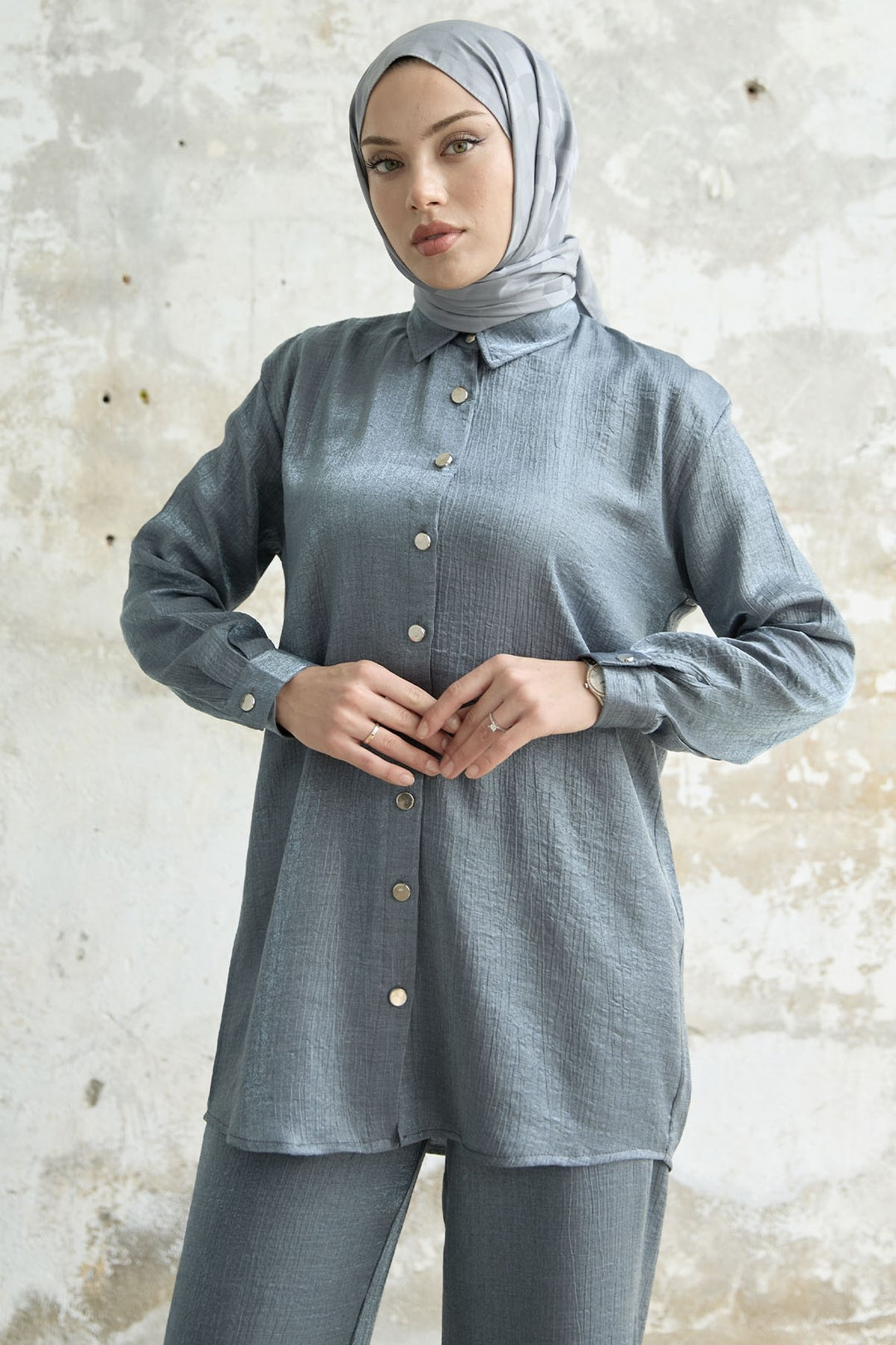 MDS Women Shirt Collar Sequined Two-Piece Set - Gray - Piraeus