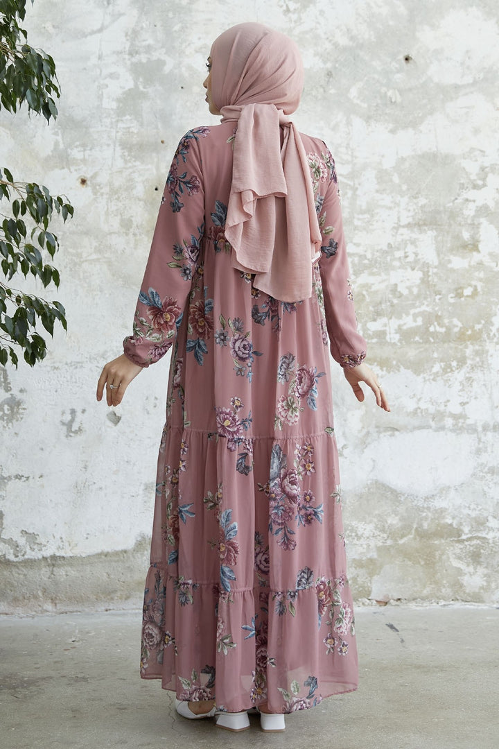 MDS Women Lace-Up Floral Chiffon Dress - Rose Pink - Silver Spring