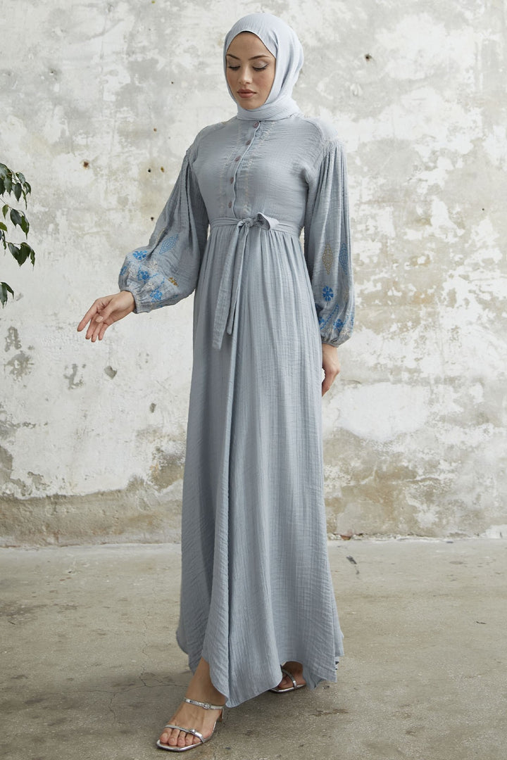 MDS Women Waffle Dress with Embroidered Sleeve - Gray - La Presa
