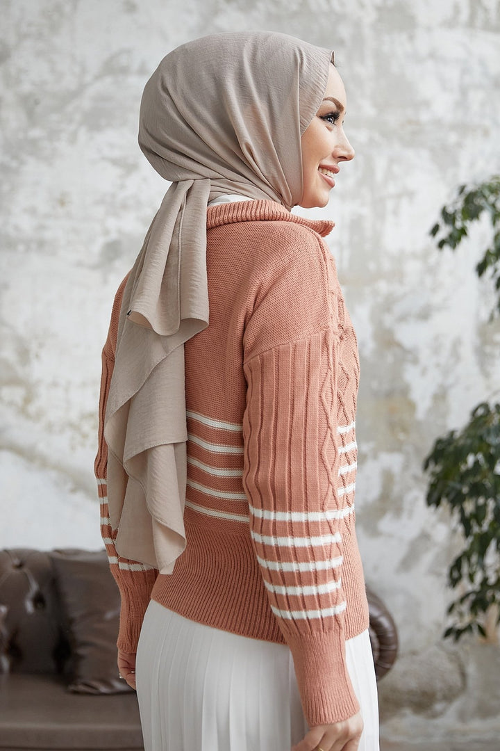 MDS Women Sova Neck Zippered Striped Knit Sweater - Salmon \ White - Accrington