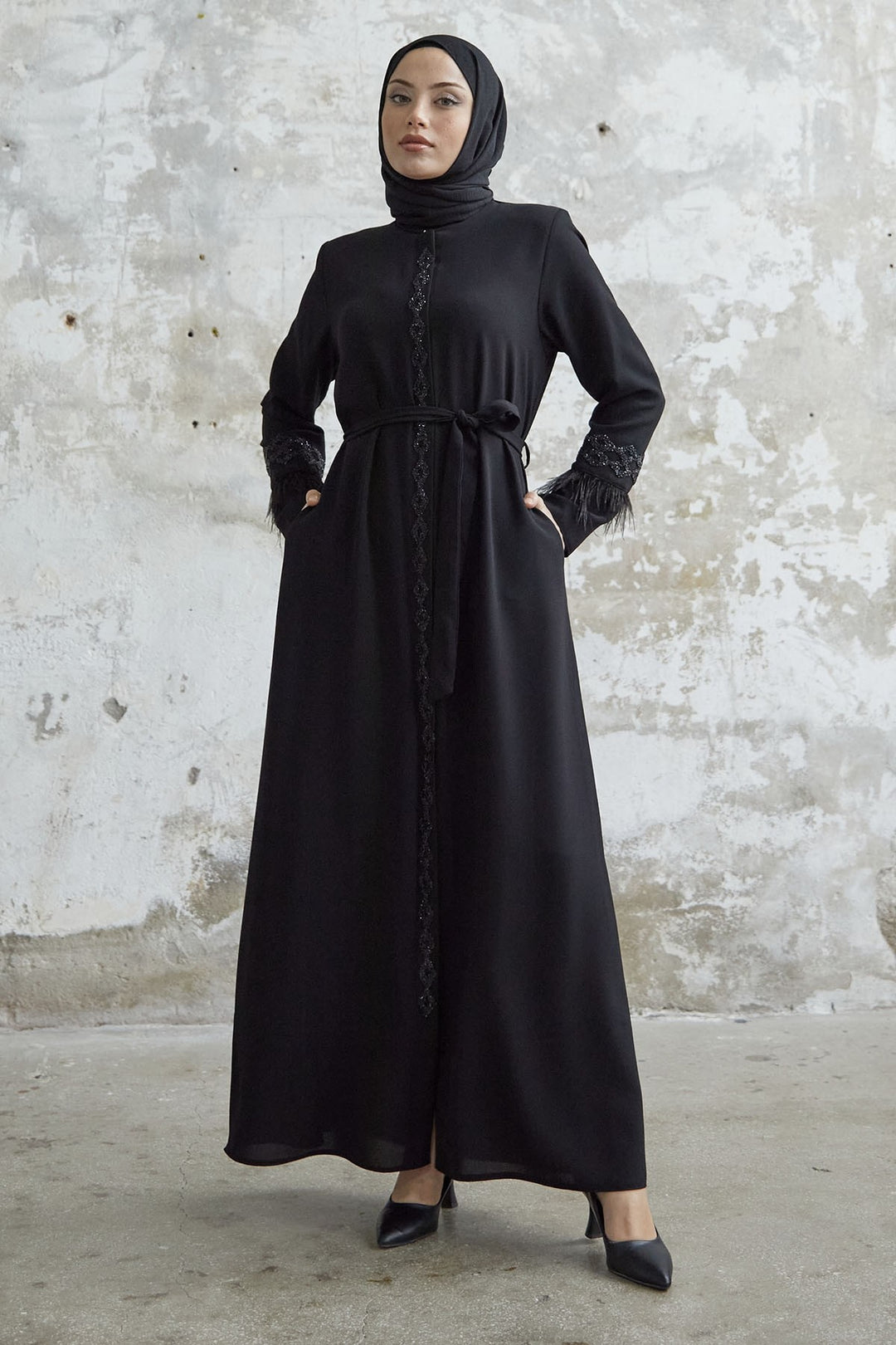 MDS Women Sleeve Tip Feather Detail Stoned Abaya - Black - Dewsbury