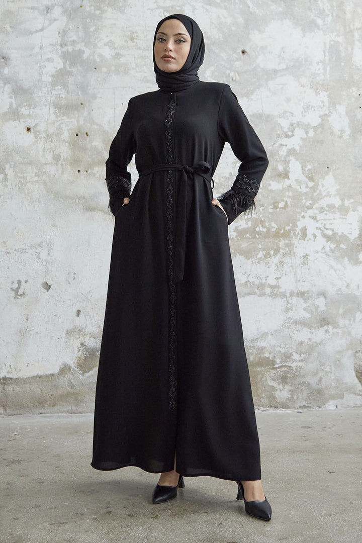 MDS Women Sleeve Tip Feather Detail Stoned Abaya - Black - Dewsbury