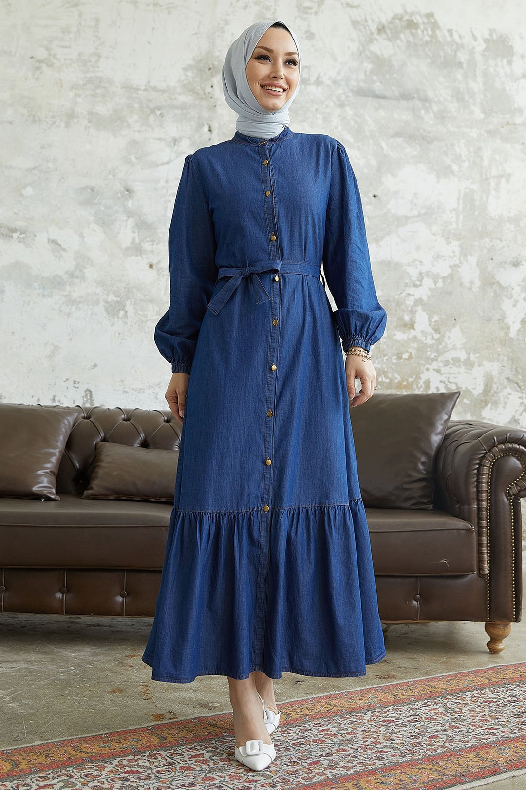 MDS Women Aravis Skirt Ruffled Belted Denim Dress - Dark Blue - La Presa