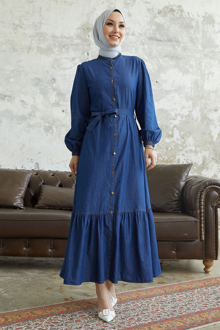 MDS Women Aravis Skirt Ruffled Belted Denim Dress - Dark Blue - La Presa