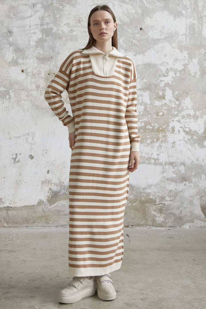 MDS Women Striped Knit Dress with Zippered Neck - Camel - Tournai