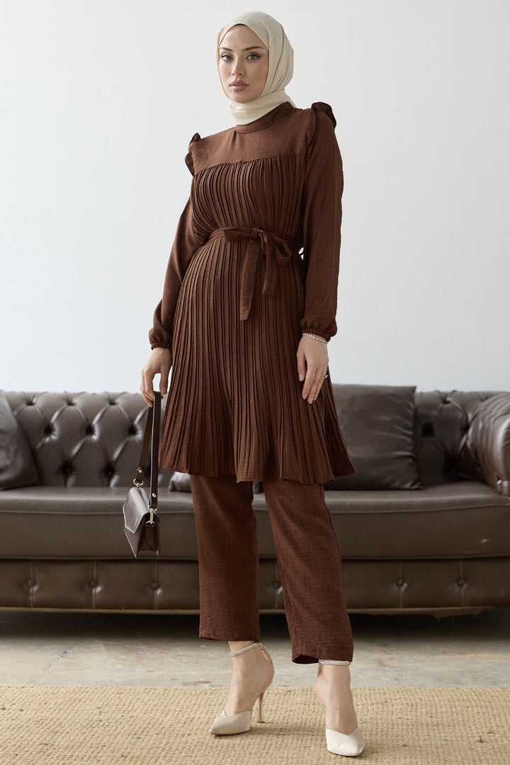 MDS Women Front Pleated Ruffle Detail Set - Brown - Keratsíni