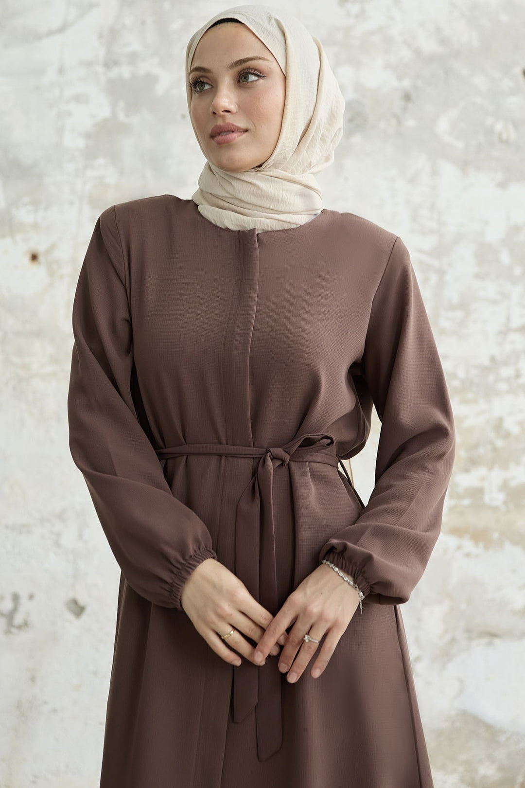 MDS Women Belted Honeycomb Fabric Abaya - Brown - Grenoble