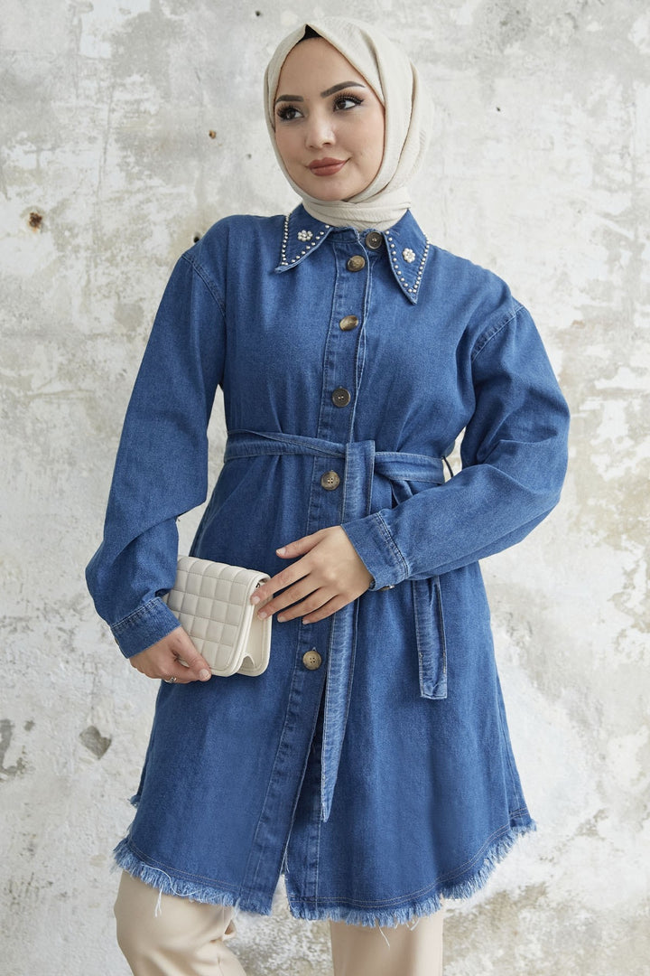 MDS Women Six-Tasseled Belted Denim Tunic - Dark Blue - Staten Island