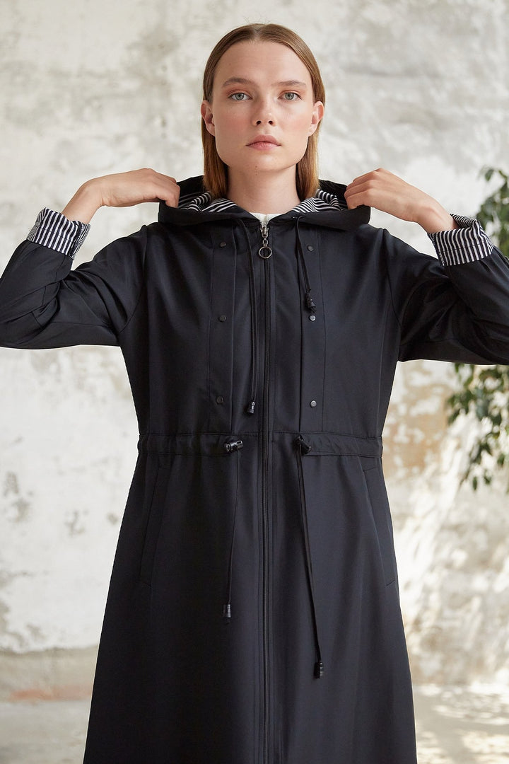 MDS Women Striped Patterned Long Trench Coat - Black - Alghero